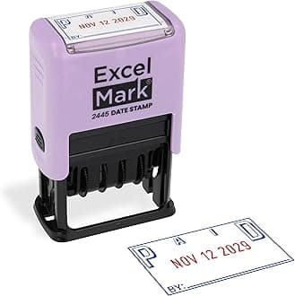 ExcelMark 2445 Date Stamp with Text - Blue and Red Ink (Violet Mount, Paid)