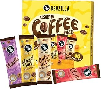 60 Instant Coffee Powder Sachets (4 Flavours) 120 Grams|Hazelnut,Classic,Vanilla & Butterscotch|15 Pouches Each Flavour|Arabica Coffee|Perfect for Espresso,Latte,Cappuccino|Hot & Cold Brews
